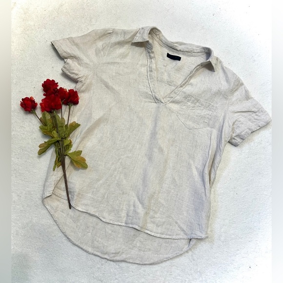 J. Crew 100% Linen Oatmeal Popover Blouse - Small Petite - Picture 1 of 10